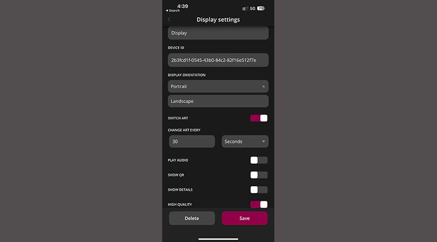 The Display Settings page in the Blackdove app.