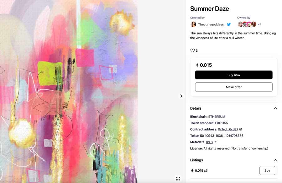 "Summer Daze," a beautiful NFT artwork being sold on a platform where the license is "All rights reserved."
